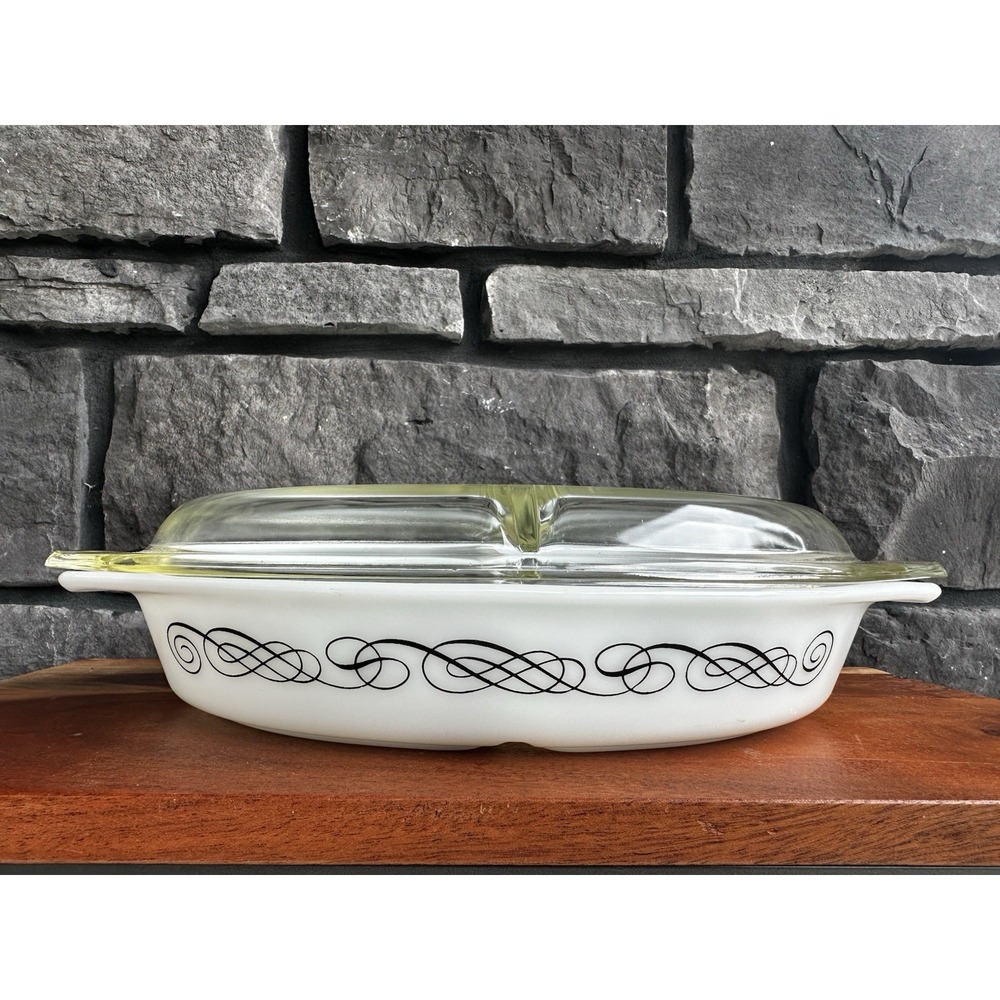 Vintage Pyrex Black Scroll 1.5 qt Divided Serving Dish with Lid Grandmacore